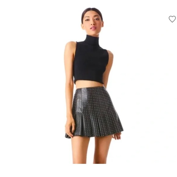 Alice + Olivia Faux Black Leather Studded Pleated Mini Skirt - Picture 1 of 8
